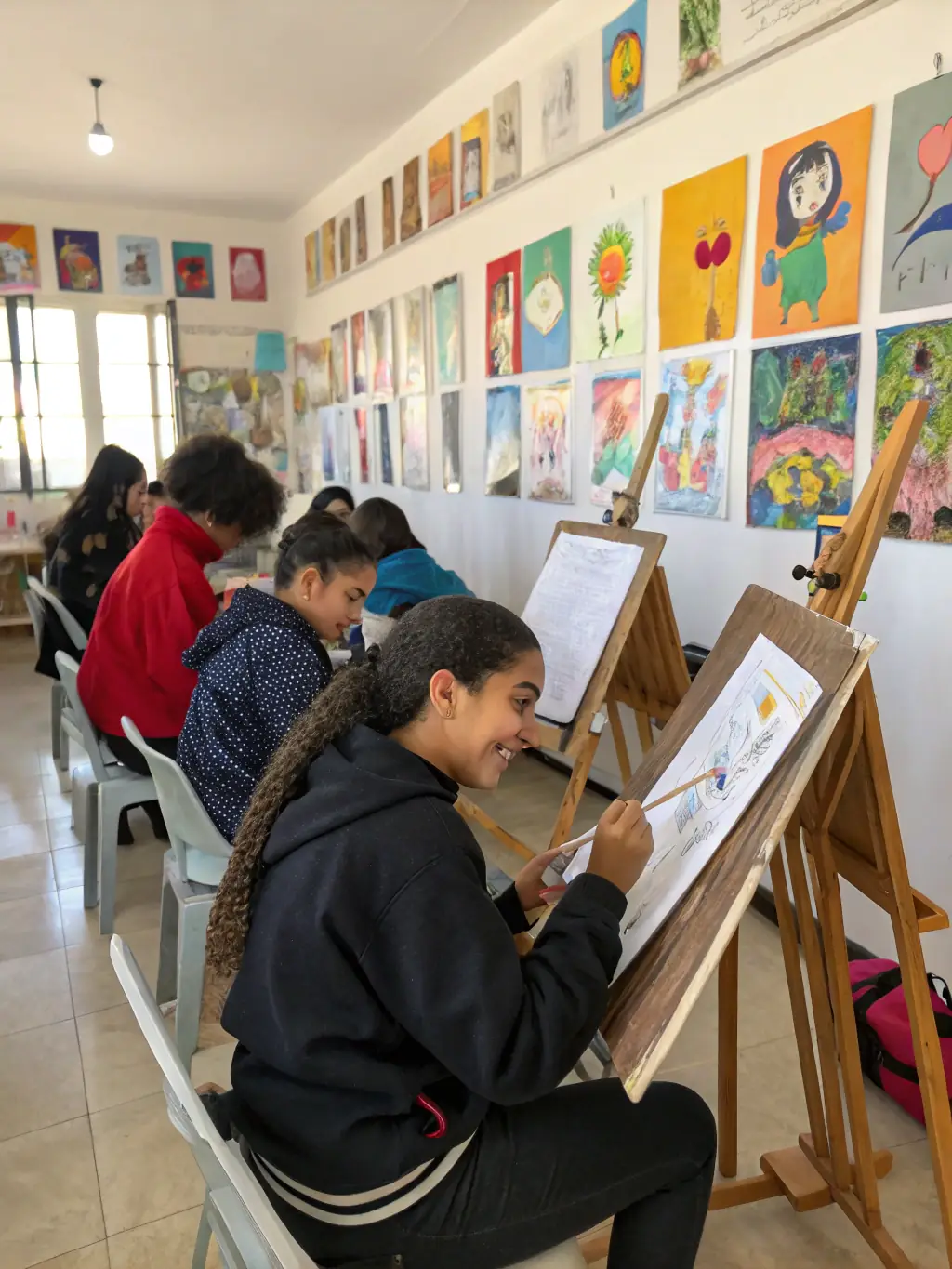 A group of children enthusiastically participating in a painting class at the MJC, with colorful artwork displayed in the background, showcasing the creative arts program.