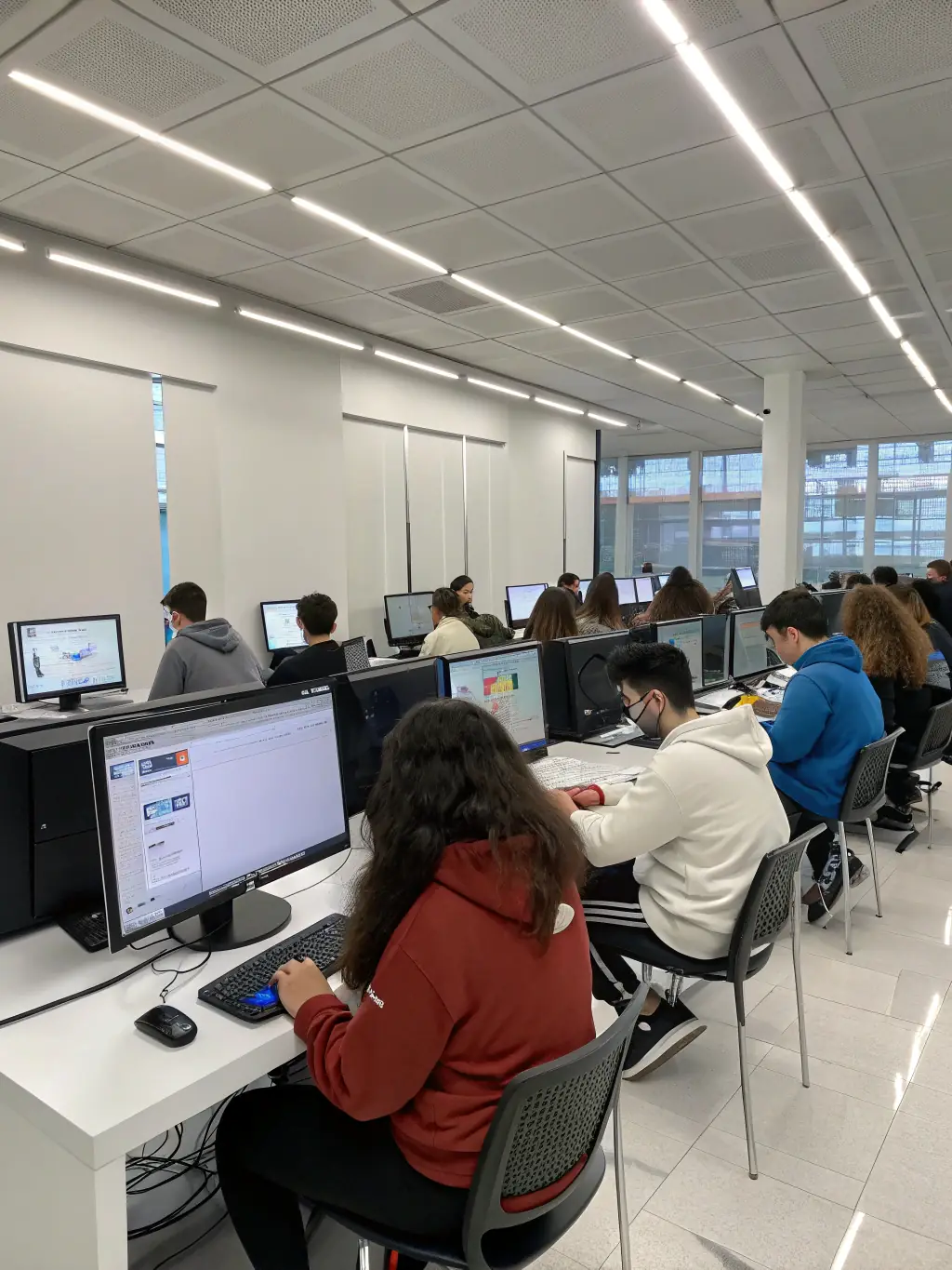 Teenagers working together on a coding project in a modern computer lab at the MJC, emphasizing the technology and innovation program.